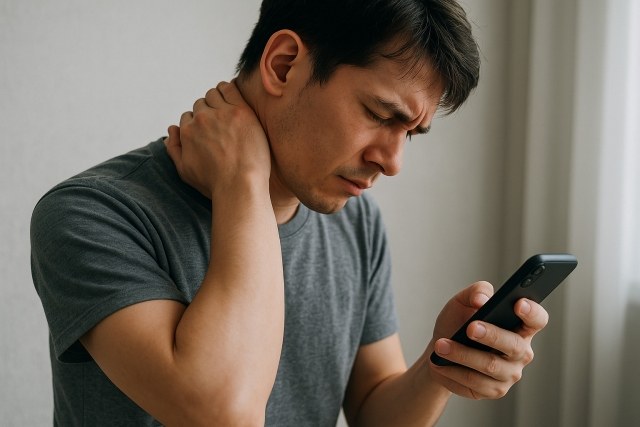 首を押さえながらスマートフォンを見る男性（イメージ）