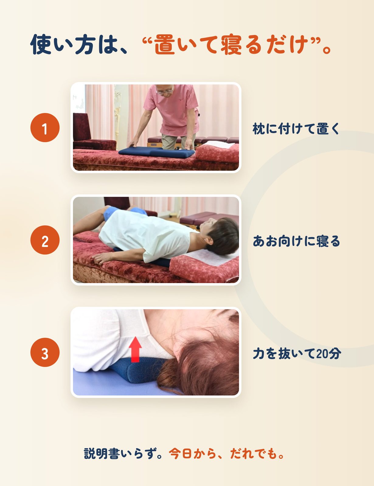 使い方は、置いて寝るだけ。枕に付けて置く、あお向けに寝る、力を抜いて20分の3ステップ