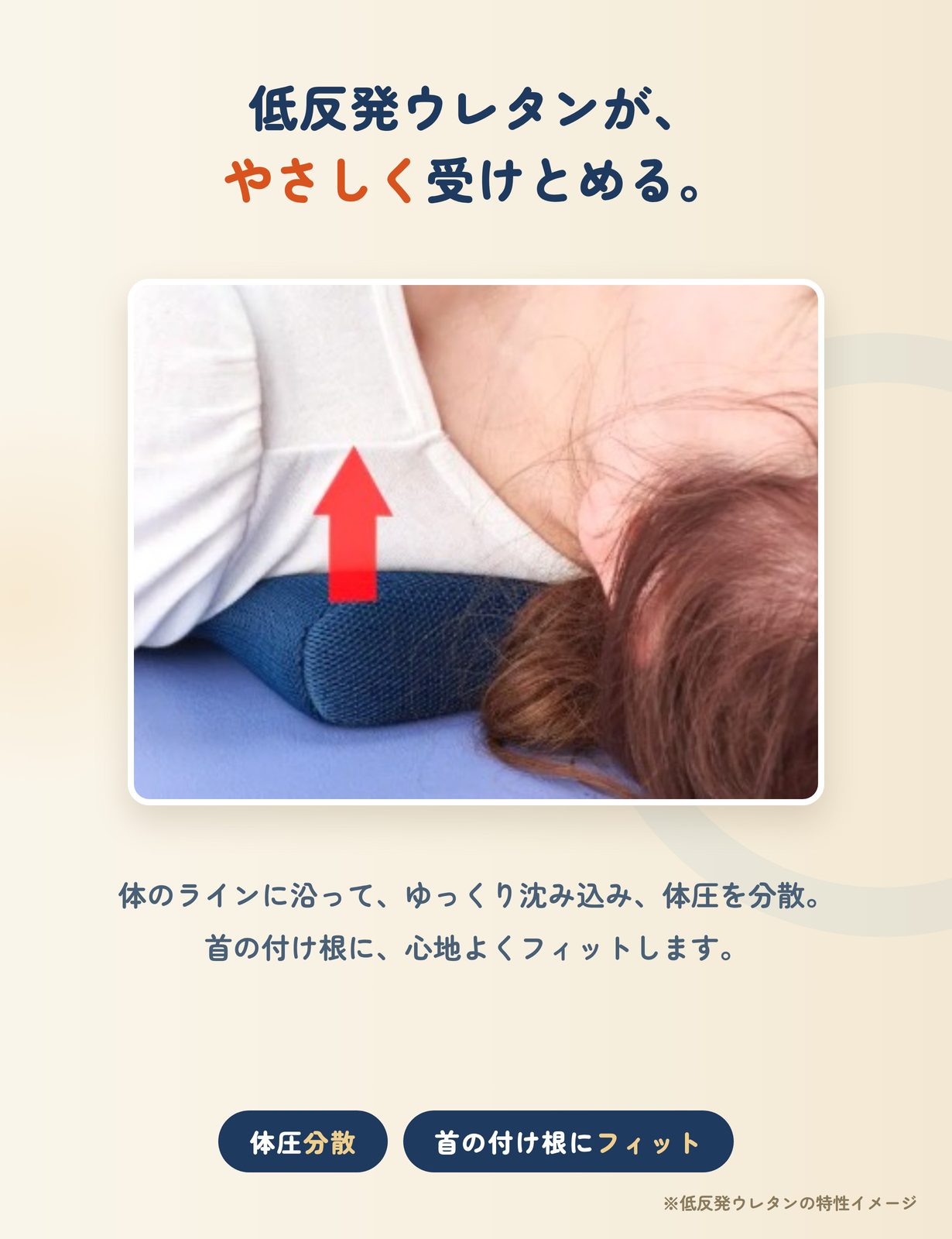 低反発ウレタンが、やさしく受けとめる。体のラインに沿って沈み込み、体圧を分散