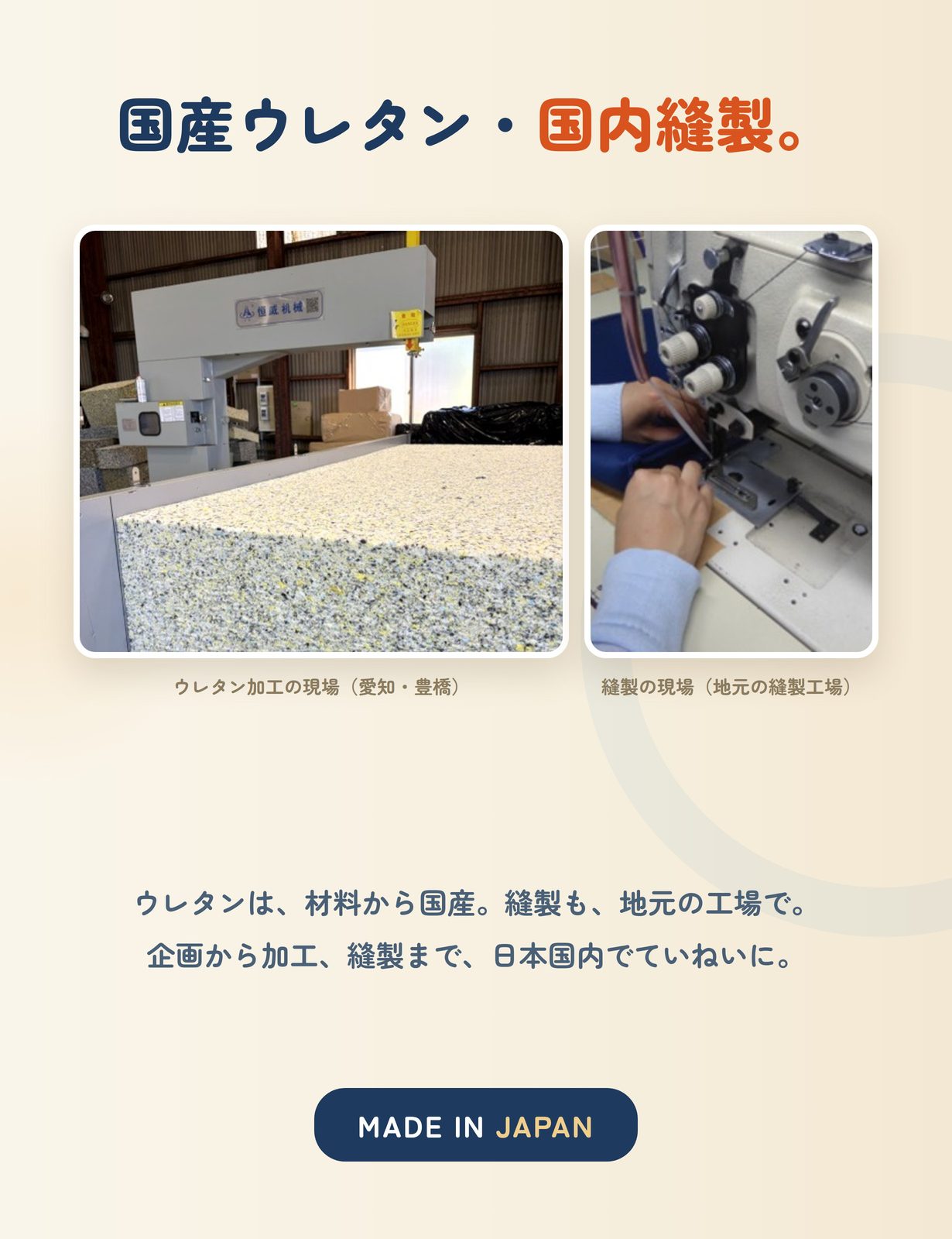 国産ウレタン・国内縫製。MADE IN JAPAN