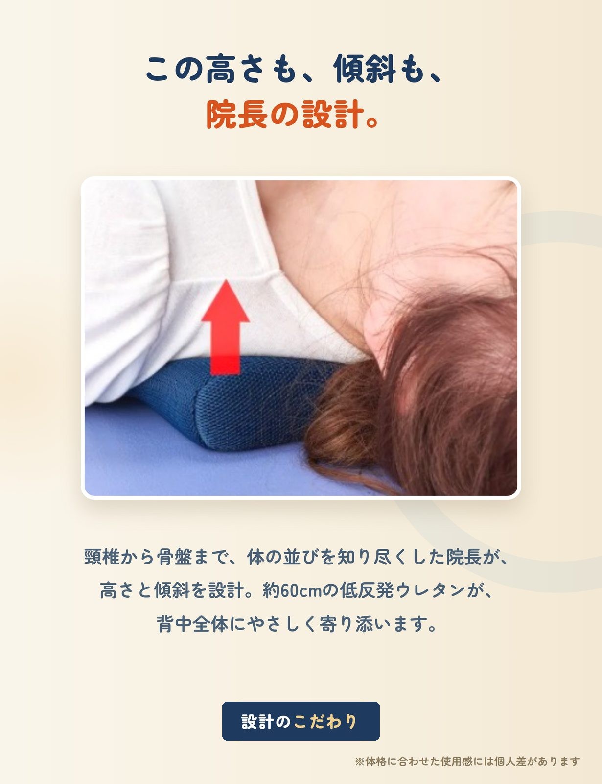 この高さも、傾斜も、院長の設計。頸椎から骨盤まで体の並びを知り尽くした院長が高さと傾斜を設計